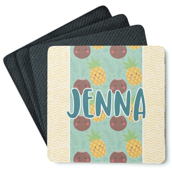 Custom Pineapples and Coconuts Square Rubber Backed Coasters - Set of 4 (Personalized)