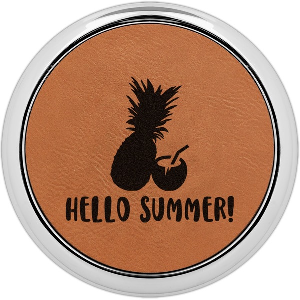 Custom Pineapples and Coconuts Leatherette Round Coaster w/ Silver Edge (Personalized)