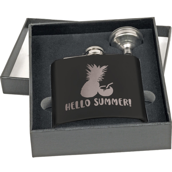 Pineapples and Coconuts Engraved Black Flask Gift Set