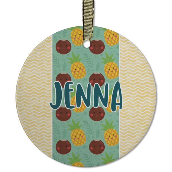 Custom Pineapples and Coconuts Flat Glass Ornament - Round w/ Name or Text