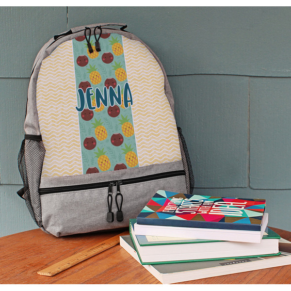 Pineapples and Coconuts Large Backpack - Gray - On Desk