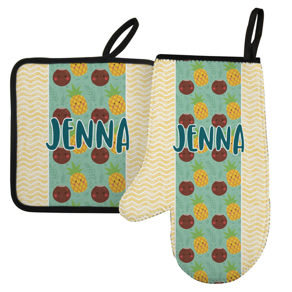 Custom Pineapples and Coconuts Left Oven Mitt & Pot Holder Set w/ Name or Text