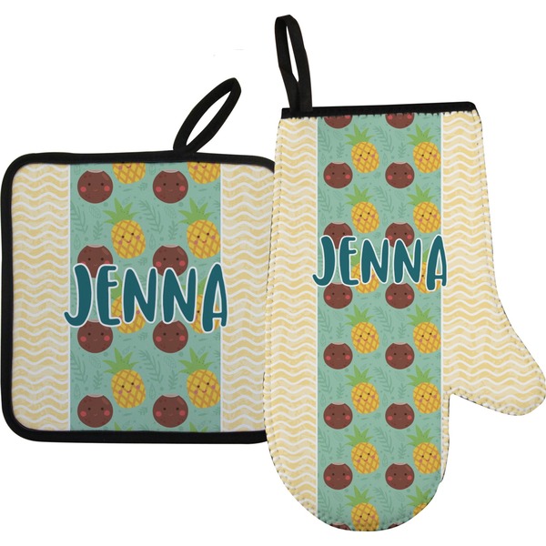 Custom Pineapples and Coconuts Right Oven Mitt & Pot Holder Set w/ Name or Text