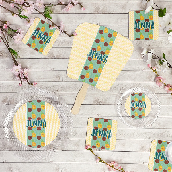 Pineapples and Coconuts Party Supplies Combination Image - All items - Plates, Coasters, Fans