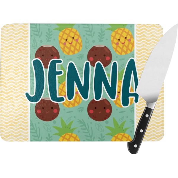 Custom Pineapples and Coconuts Rectangular Glass Cutting Board - Large - 15.25"x11.25" w/ Name or Text