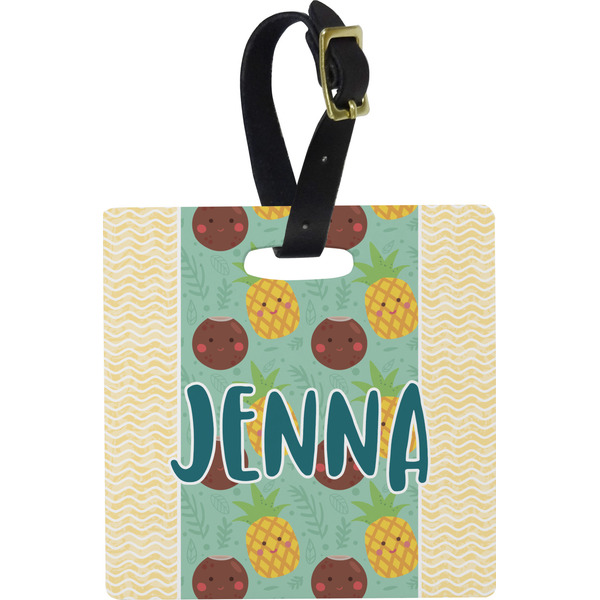 Custom Pineapples and Coconuts Plastic Luggage Tag - Square w/ Name or Text