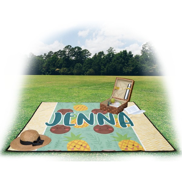 Pineapples and Coconuts Picnic Blanket - with Basket Hat and Book - in Use