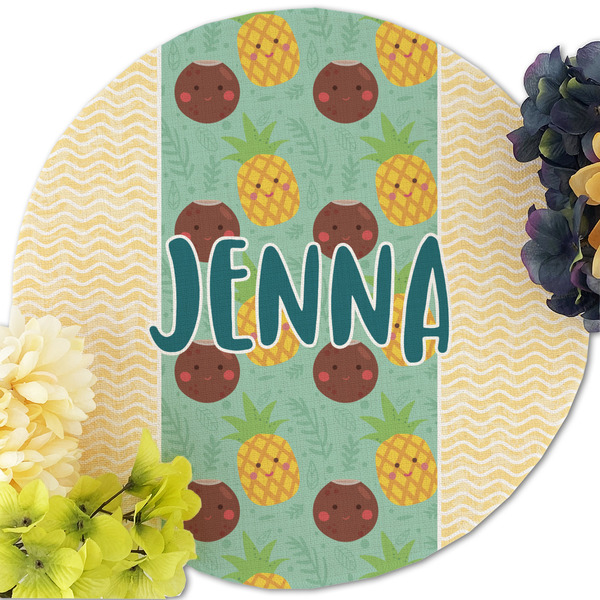 Pineapples and Coconuts Round Linen Placemats - Front (w flowers)