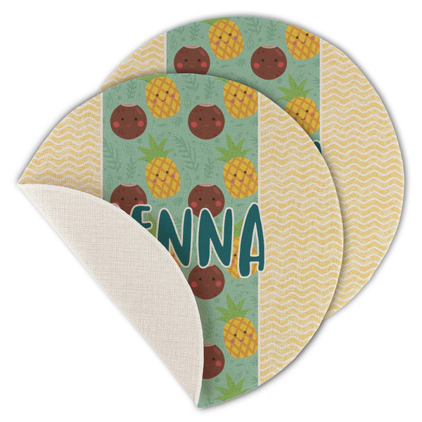Custom Pineapples and Coconuts Round Linen Placemat - Single Sided - Set of 4 (Personalized)