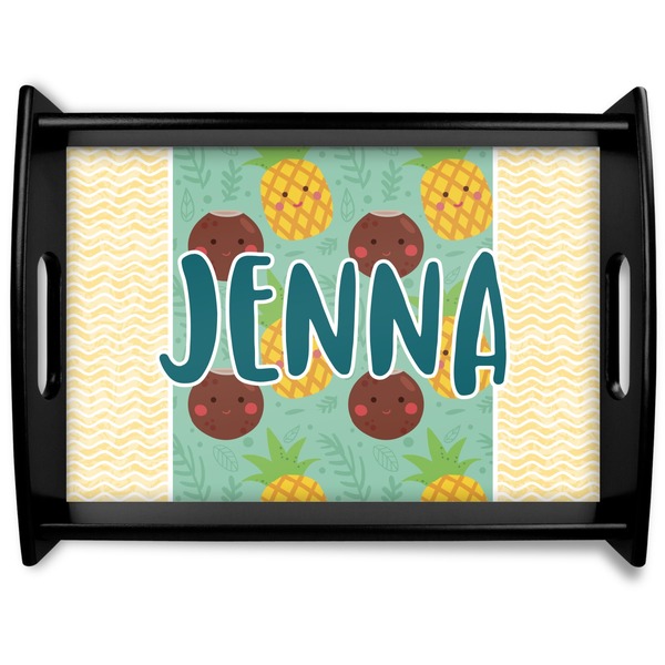 Custom Pineapples and Coconuts Black Wooden Tray - Large (Personalized)
