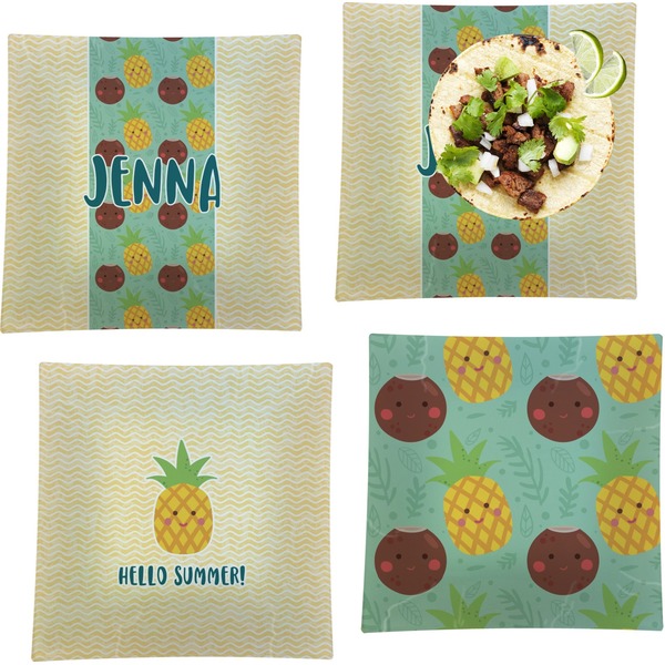 Custom Pineapples and Coconuts Set of 4 Glass Square Lunch / Dinner Plate 9.5" (Personalized)