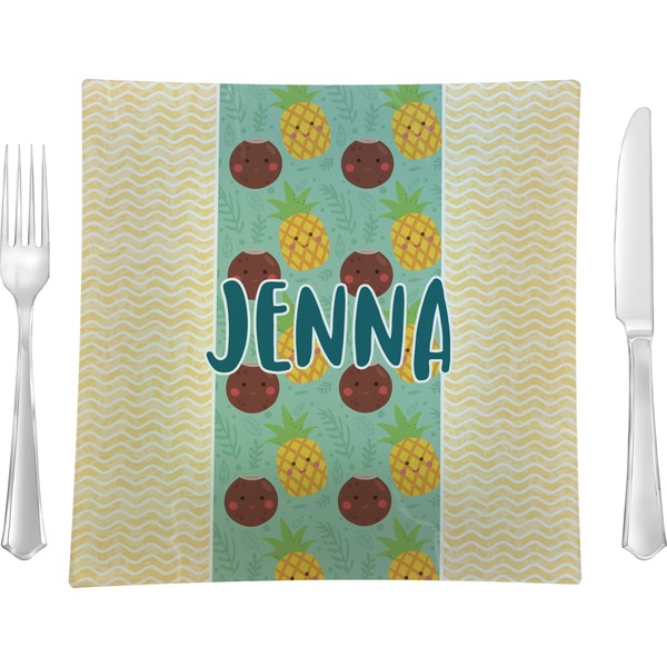 Custom Pineapples and Coconuts 9.5" Glass Square Lunch / Dinner Plate- Single or Set of 4 (Personalized)