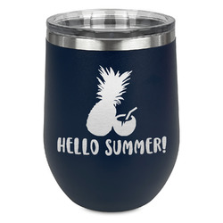 Pineapples and Coconuts Stemless Stainless Steel Wine Tumbler - Navy - Double Sided (Personalized)