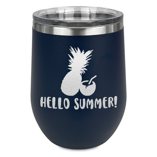 Custom Pineapples and Coconuts Stemless Stainless Steel Wine Tumbler - Navy - Double Sided (Personalized)