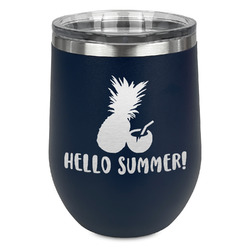 Pineapples and Coconuts Stemless Stainless Steel Wine Tumbler - Navy - Single Sided (Personalized)