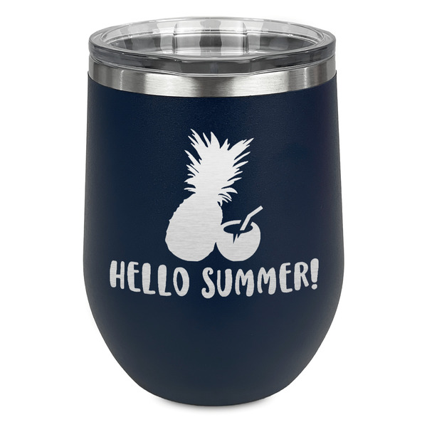 Custom Pineapples and Coconuts Stemless Stainless Steel Wine Tumbler - Navy - Single Sided (Personalized)