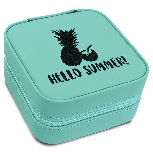 Custom Pineapples and Coconuts Travel Jewelry Box - Teal Leather (Personalized)