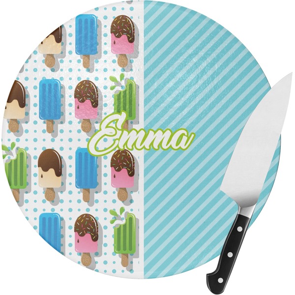 Custom Popsicles and Polka Dots Round Glass Cutting Board - Small (Personalized)