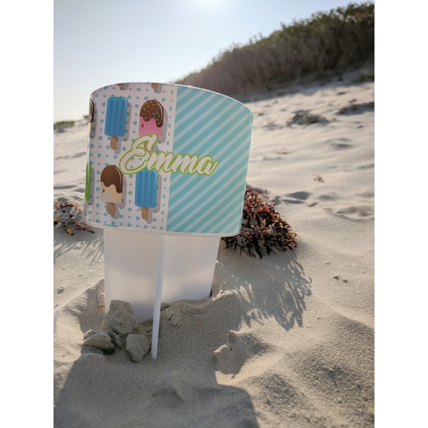 Popsicles and Polka Dots Beach Spiker white on beach with sand