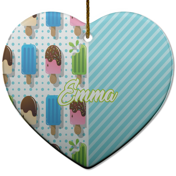 Custom Popsicles and Polka Dots Heart Ceramic Ornament w/ Name or Text