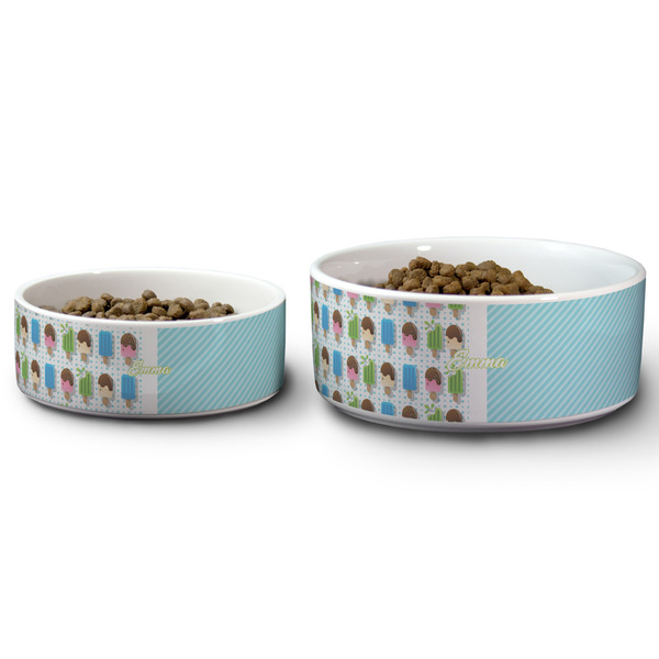 Popsicles and Polka Dots Ceramic Dog Bowls - Size Comparison