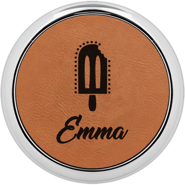 Custom Popsicles and Polka Dots Set of 4 Leatherette Round Coasters w/ Silver Edge (Personalized)