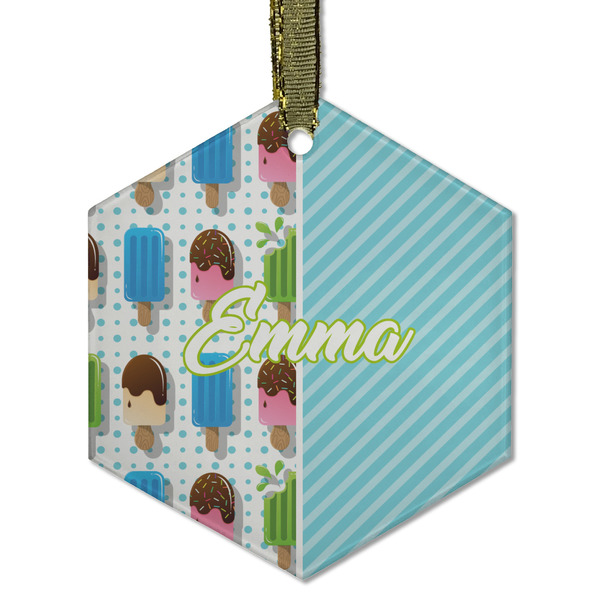 Custom Popsicles and Polka Dots Flat Glass Ornament - Hexagon w/ Name or Text