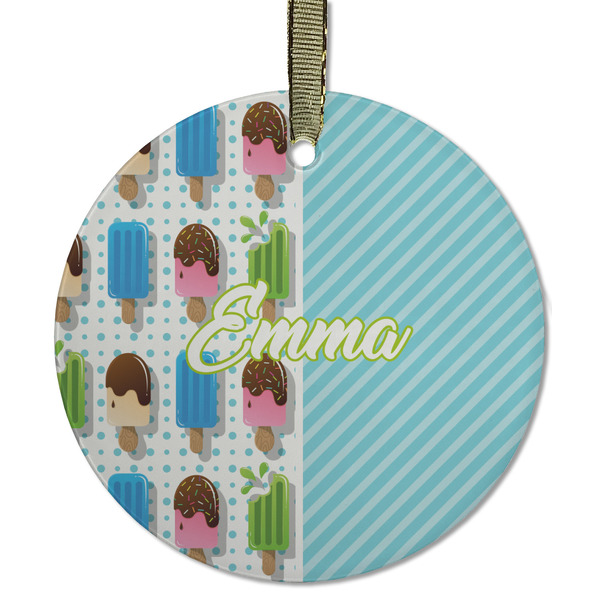 Custom Popsicles and Polka Dots Flat Glass Ornament - Round w/ Name or Text