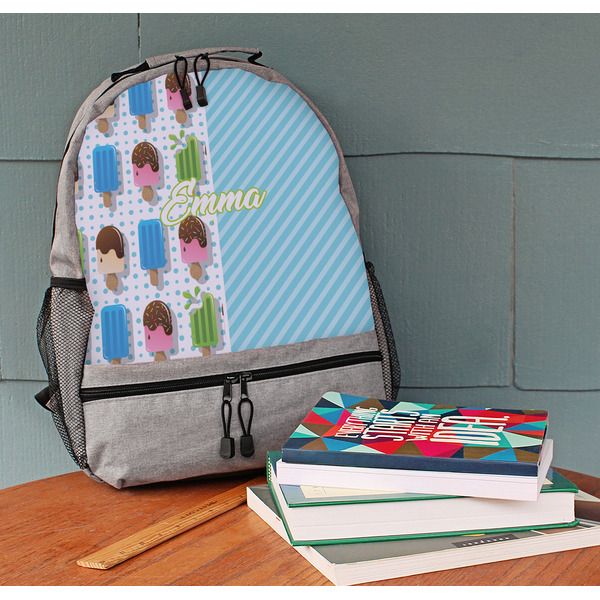 Popsicles and Polka Dots Large Backpack - Gray - On Desk