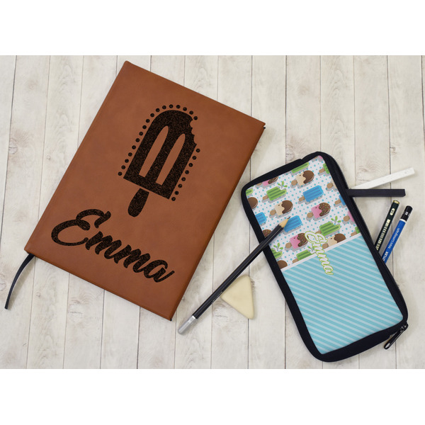 Popsicles and Polka Dots Leather Sketchbook - Large - Double Sided - In Context