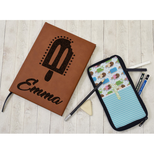 Popsicles and Polka Dots Leather Sketchbook - Small - Double Sided - In Context