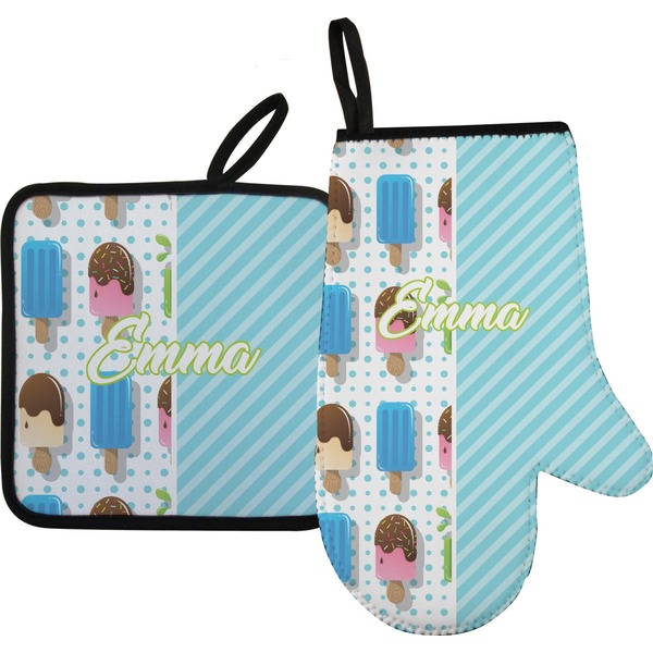 Custom Popsicles and Polka Dots Oven Mitt & Pot Holder Set w/ Name or Text