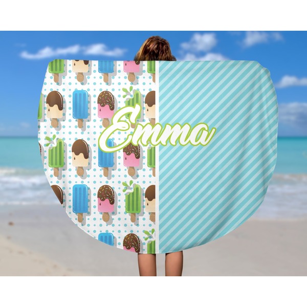 Popsicles and Polka Dots Round Beach Towel - In Use