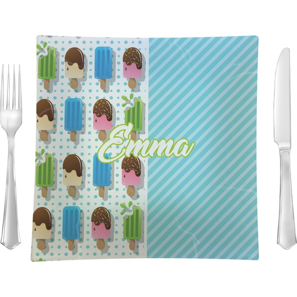 Custom Popsicles and Polka Dots 9.5" Glass Square Lunch / Dinner Plate- Single or Set of 4 (Personalized)