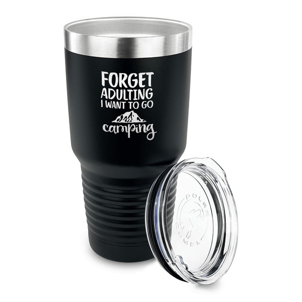 Camping Quotes & Sayings 30 oz Stainless Steel Ringneck Tumblers - Black - LID OFF