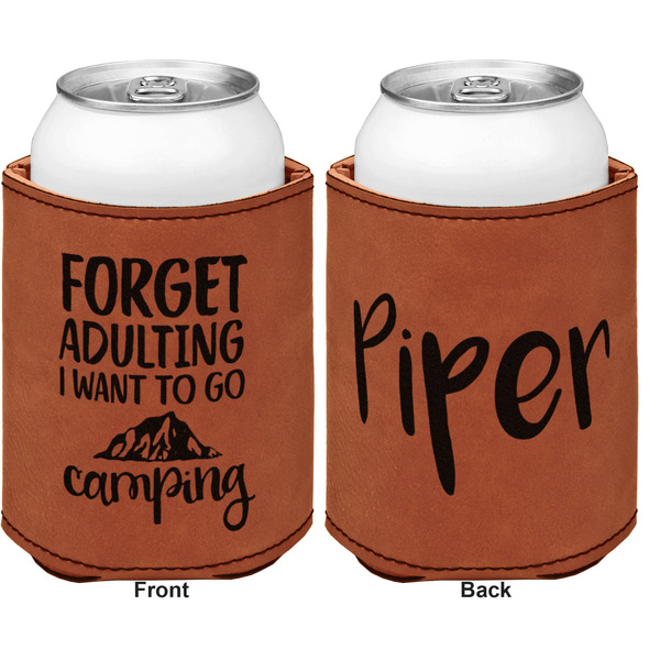 Camping Quotes & Sayings (Shape) Cognac Leatherette Can Sleeve - Double Sided Front and Back