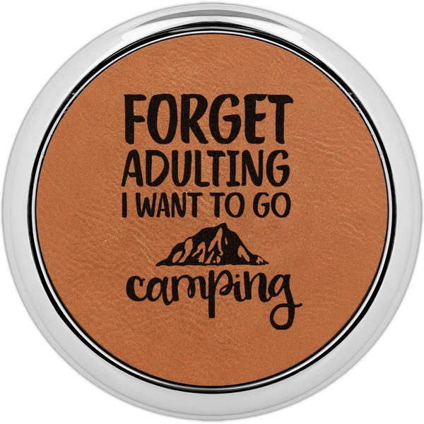 Custom Camping Quotes & Sayings Leatherette Round Coaster w/ Silver Edge