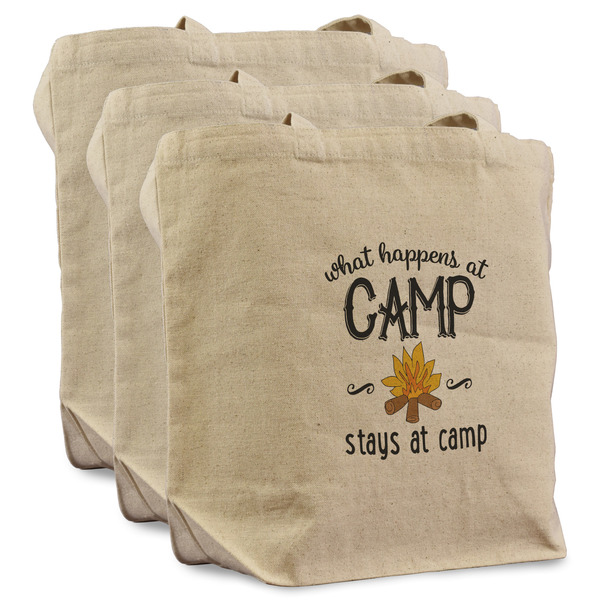 Camping Sayings & Quotes (Color) 3 Reusable Cotton Grocery Bags - Front View