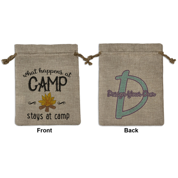 Custom Camping Sayings & Quotes (Color) Medium Burlap Gift Bag - Front & Back