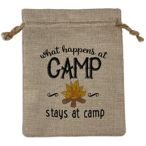 Custom Camping Sayings & Quotes (Color) Medium Burlap Gift Bag - Front