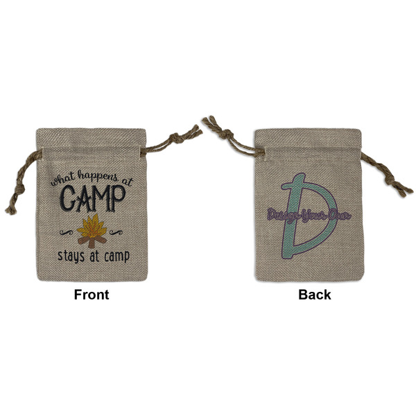 Custom Camping Sayings & Quotes (Color) Small Burlap Gift Bag - Front & Back