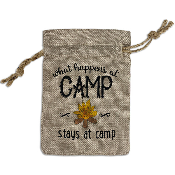 Custom Camping Sayings & Quotes (Color) Small Burlap Gift Bag - Front