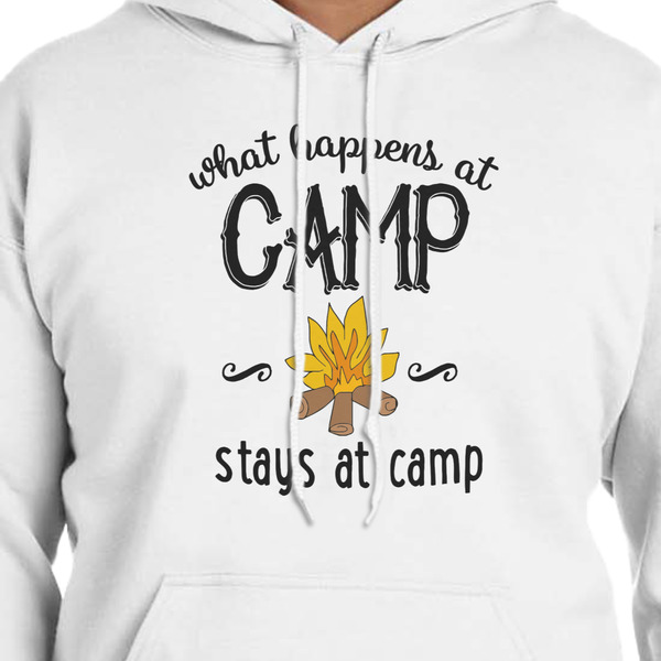 Camping Sayings & Quotes (Color) White Hoodie on Model - CloseUp