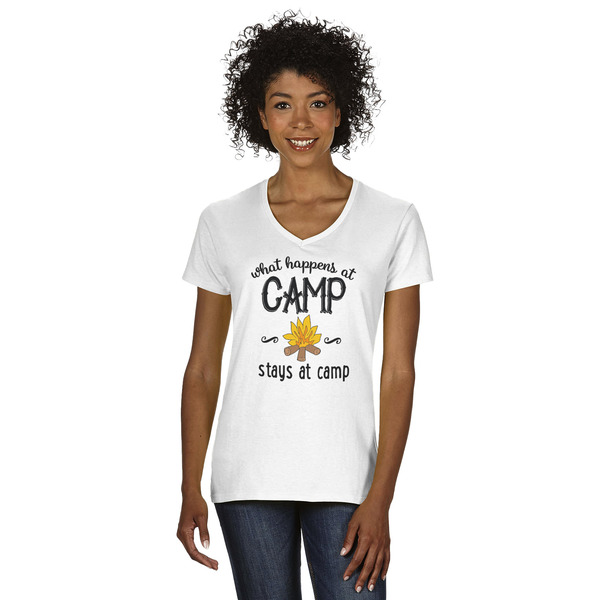 Custom Camping Sayings & Quotes (Color) Women's V-Neck T-Shirt - White - XL