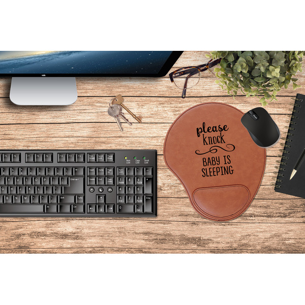 Baby Quotes Cognac Leatherette Mousepad with Wrist Support - Lifestyle Image