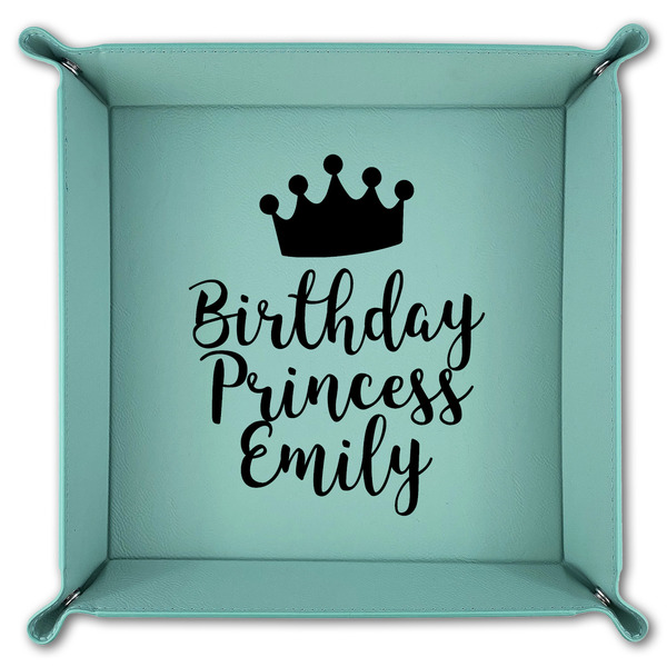 Birthday Princess 9" x 9" Teal Leatherette Snap Up Tray - FOLDED