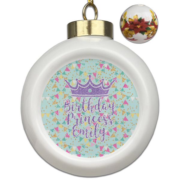 Custom Birthday Princess Ceramic Ball Ornaments - Poinsettia Garland (Personalized)