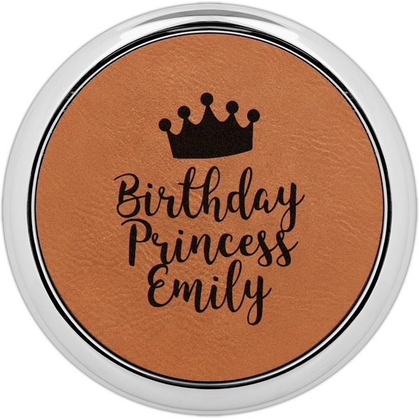 Custom Birthday Princess Leatherette Round Coaster w/ Silver Edge (Personalized)
