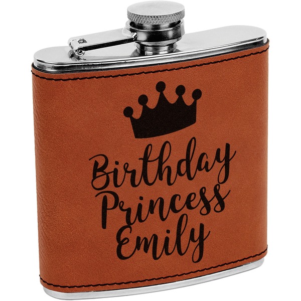 Custom Birthday Princess Leatherette Wrapped Stainless Steel Flask (Personalized)