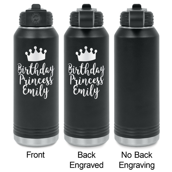 Birthday Princess Laser Engraved Water Bottles - 2 Styles - Front & Back View
